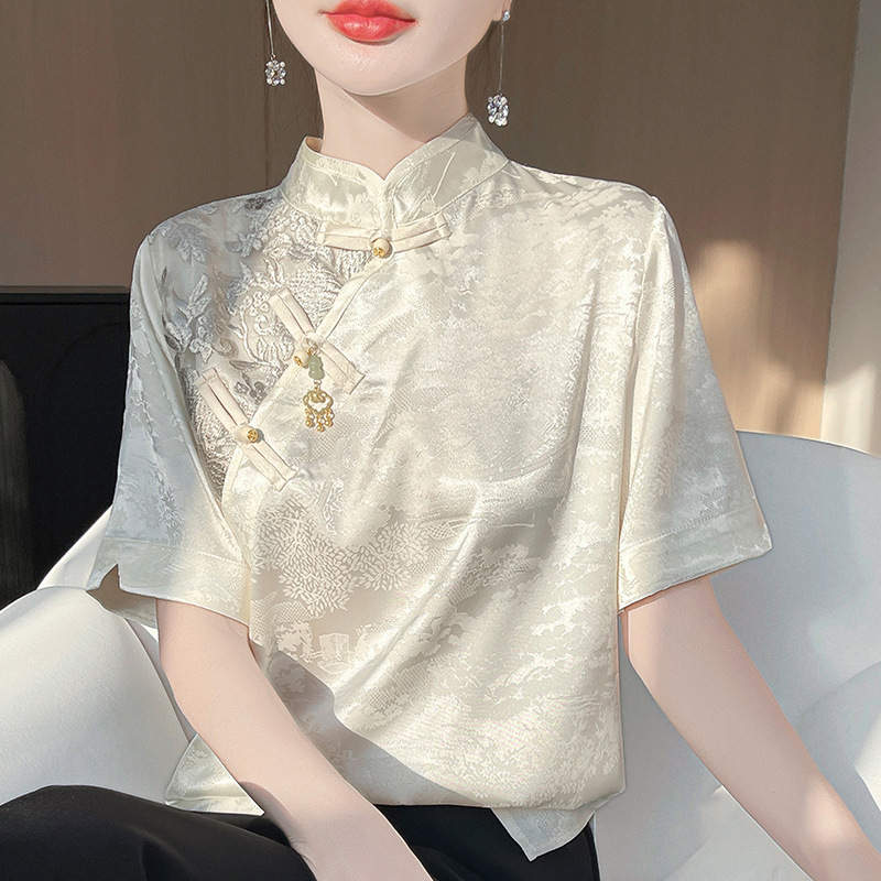 [Factory Direct Supply] New Chinese Style National Style Buckle Neck Tencel Short-sleeved T-shirt Women's Summer Jacquard Ice Silk Shirt Thin