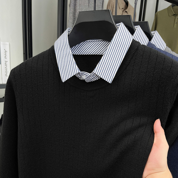 Camisas de punto para hombre simple nuevo falso de alta gama de dos piezas chaqueta casual otoño invierno chaqueta de rayas verticales cabeza suéter de manga larga