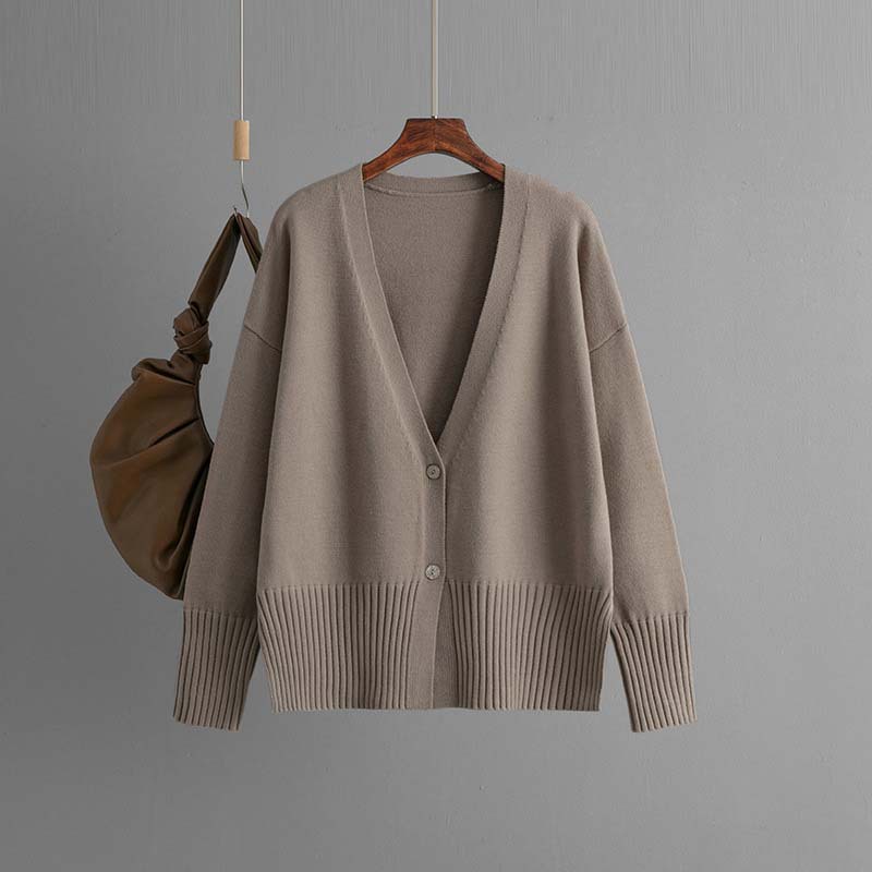 2024 Autumn And Winter New V-Neck Knitted Cardigan Solid Color Loose Sweater Jacket Top 17 166.Jpg