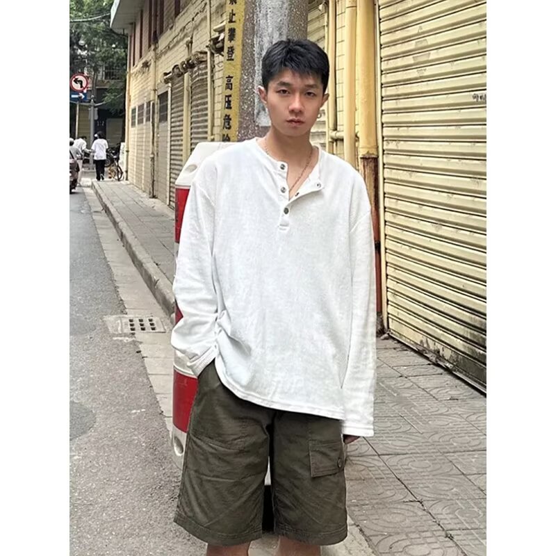 Lazy Style Henley Collar Sweatshirt Boyfriend Style Loose Long Sleeve 2025 Workwear T-Shirt Relaxed Half-Buttoned Bottoming Shirt