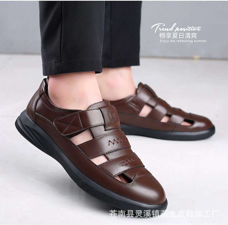 Dép sandal nam da bò thật đế cao su, kiểu lỗ thoáng khí mùa hè, quai ngang dây buộc — Màu nâu, Màu đen chi tiết 13