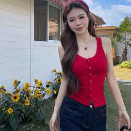 10186#夏季新款纯欲风U领纽扣设计宽肩带背心修身一体式带胸垫女