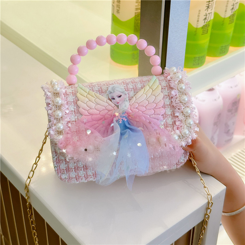 Girls' handbag with pearl handle, cute mesh bow, sequined wings, princess style bag