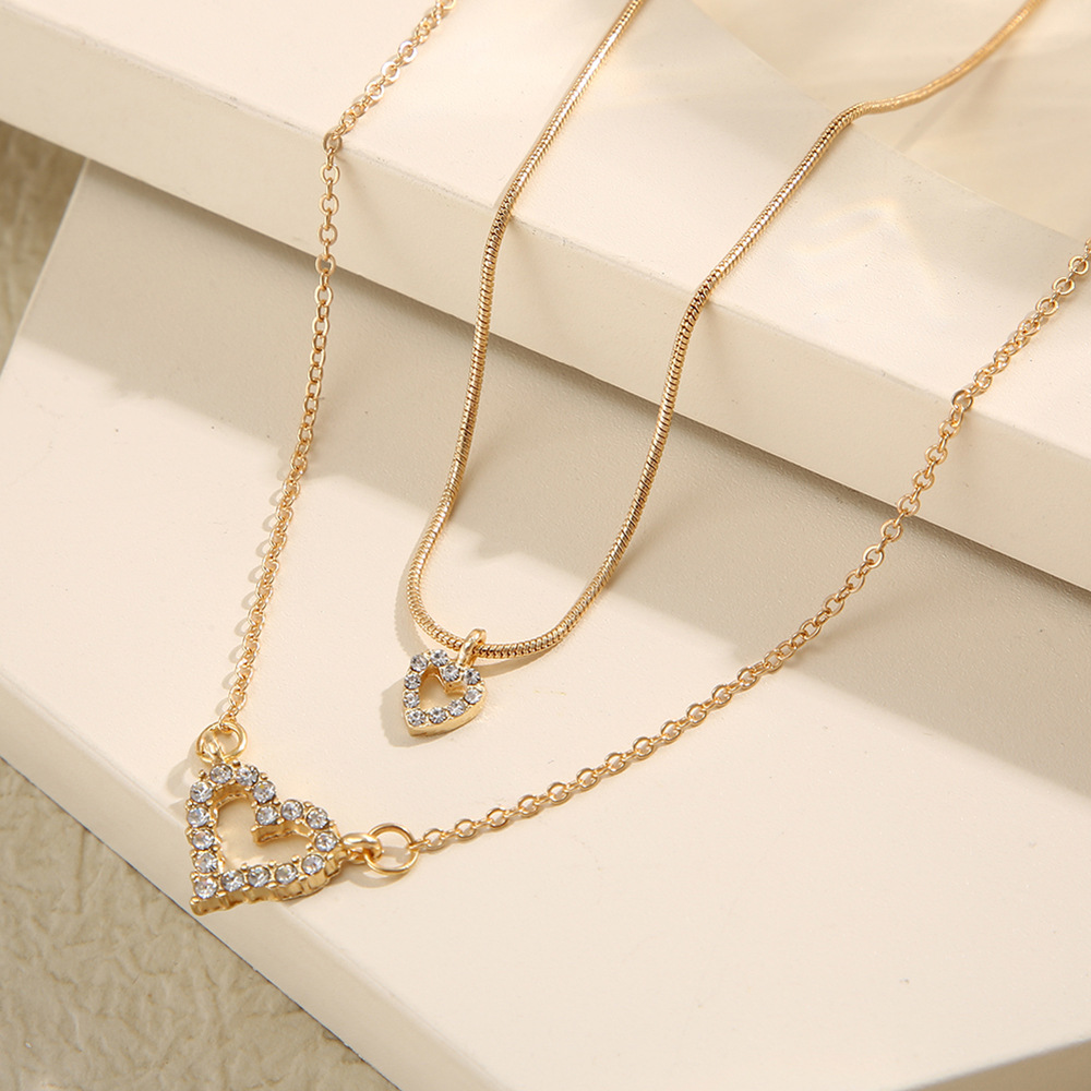 Stacked Double Layer Heart Pendant Necklace With Diamond Accents_voghion.com