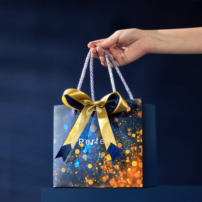 Gift Bag Father's Day Hand-Held High-End Shopping Clothing Bag with Double Ribbon Dark Blue Wrapping Paper Bag
