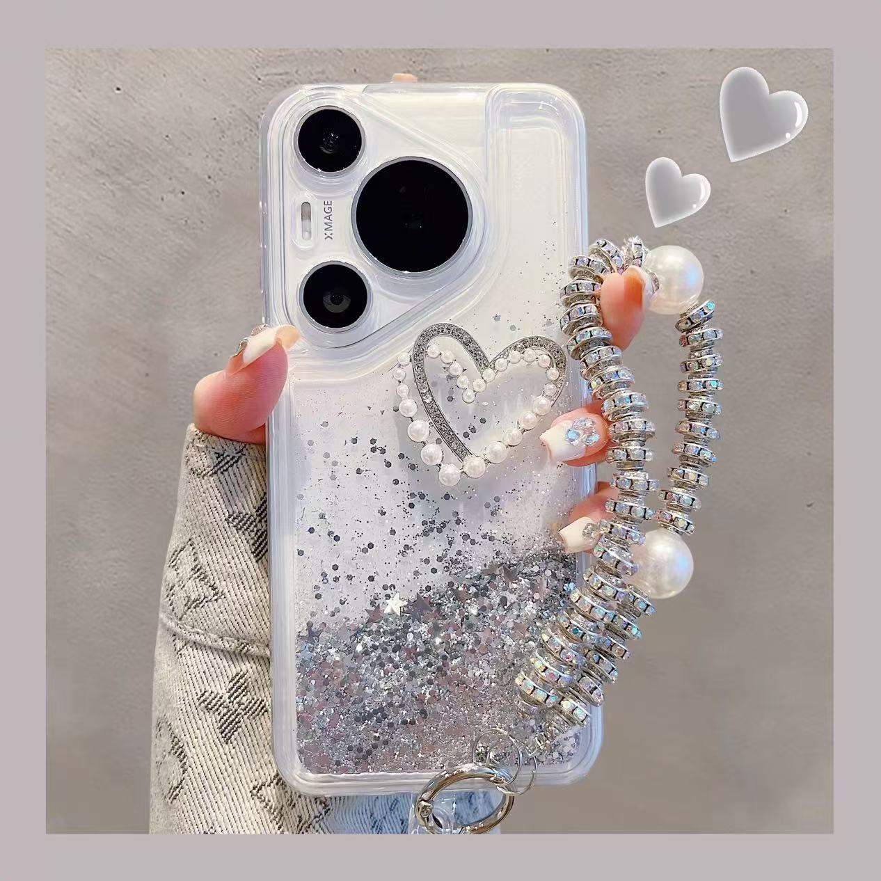Sencillo y elegante lentejuelas plateadas movedizas para Huawei Mate70Pro Funda para teléfono móvil 60 Pearl Love P70 Pulsera