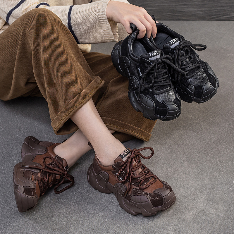Jie Zhou 2025 Autumn/Winter New Comfortable First Layer Cowhide Round Toe Lace-Up Melard Dad Shoes Versatile Lightweight Women's Shoes