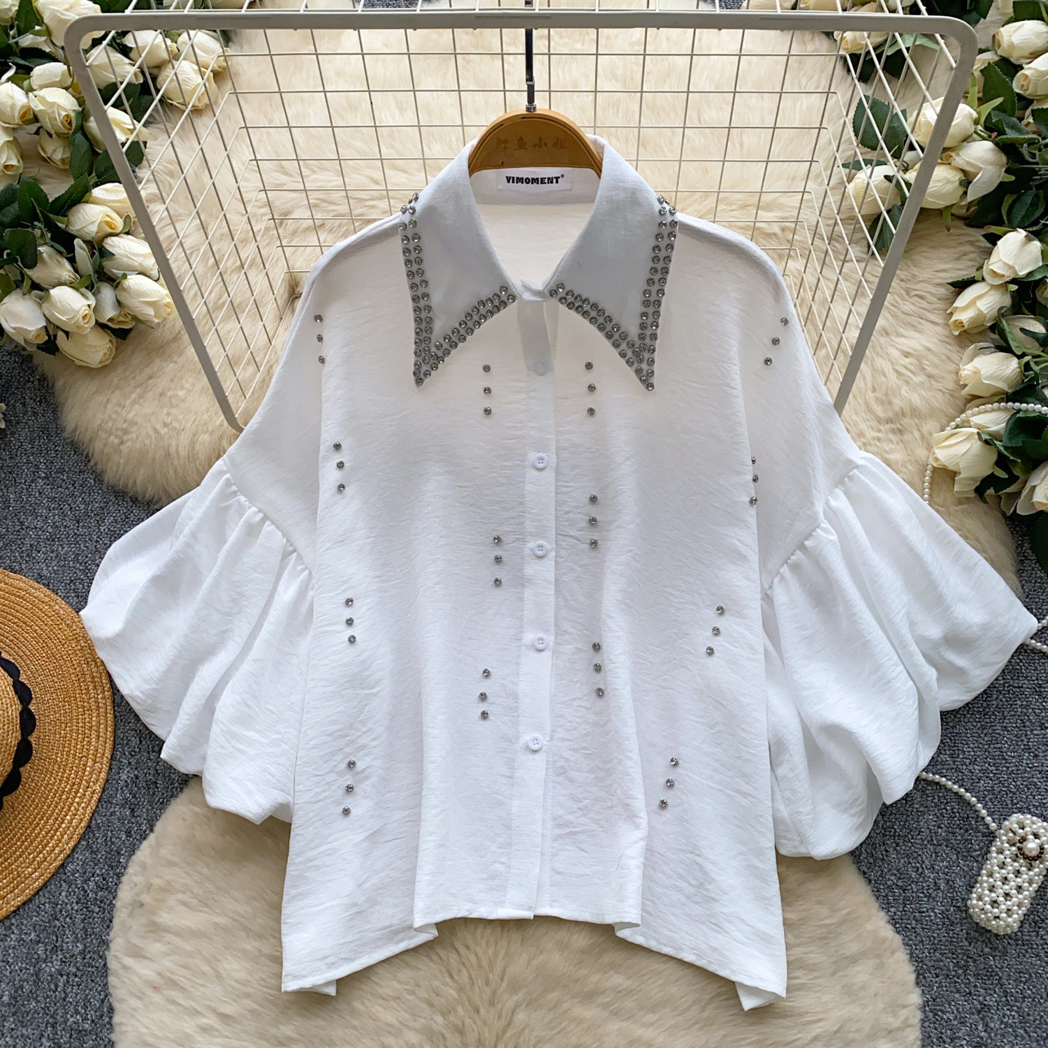 Women's French Style Rhinestone Blouse Summer Lantern Sleeve Cardigan Beaded Collar Loose Fit Versatile High End Top Heavy Duty_ecoleips.com