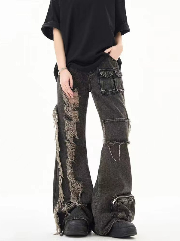 Black Ripped Rapped Edge Tooling Jeans Men's Summer Thin American Style High Street High Waist Loose Wide Leg Trousers Black Ripped Rapped Edge Tooling Jeans Men's Summer Thin American Style High Street High Waist Loose Wide Leg Trousers