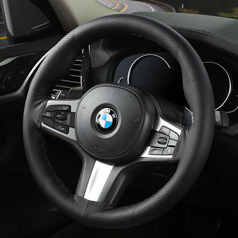 汽车方向盘套车载把打孔头枕圆形D型真皮手刹手缝代发透气