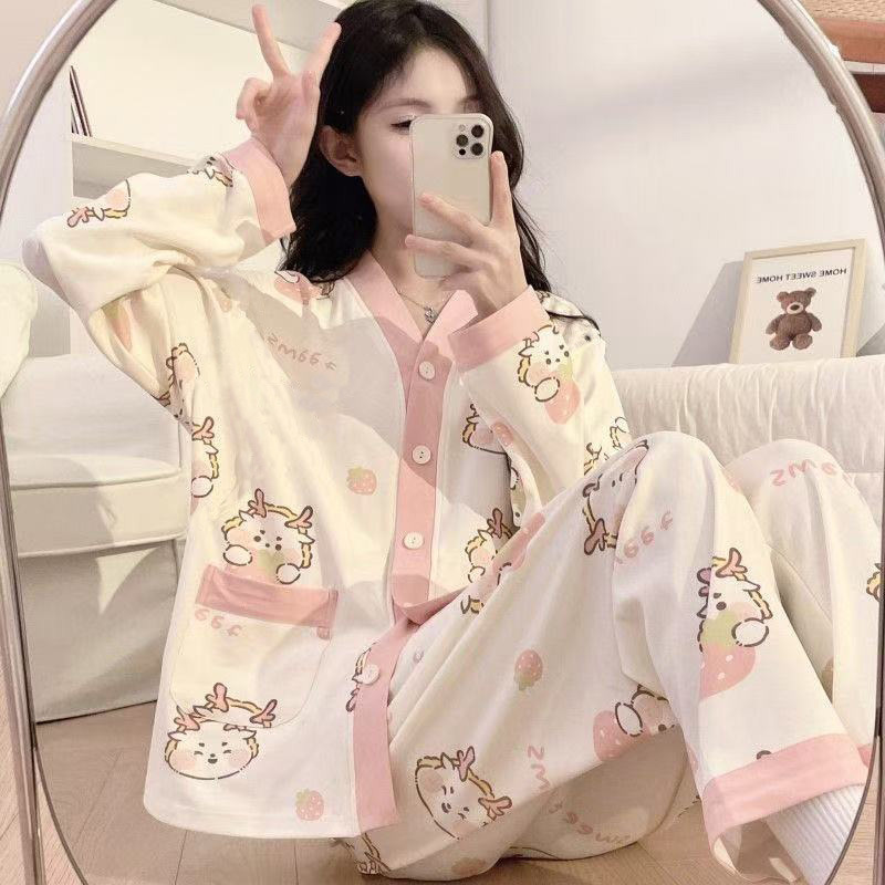 2025 pijama de perro de jade Gui primavera y otoño para mujeres manga larga dibujos animados adorables estudiantes adolescentes gran tamaño gordo mm ropa de hogar