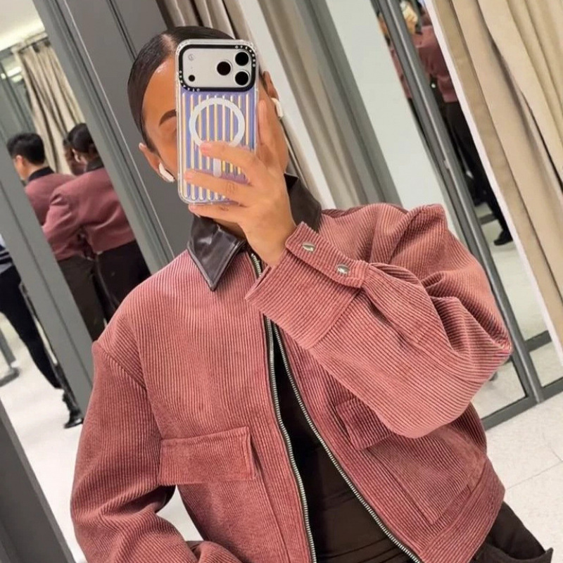 Chaqueta Corta Estilo Retro con Solapa de Poliéster con Cremallera para Ocio