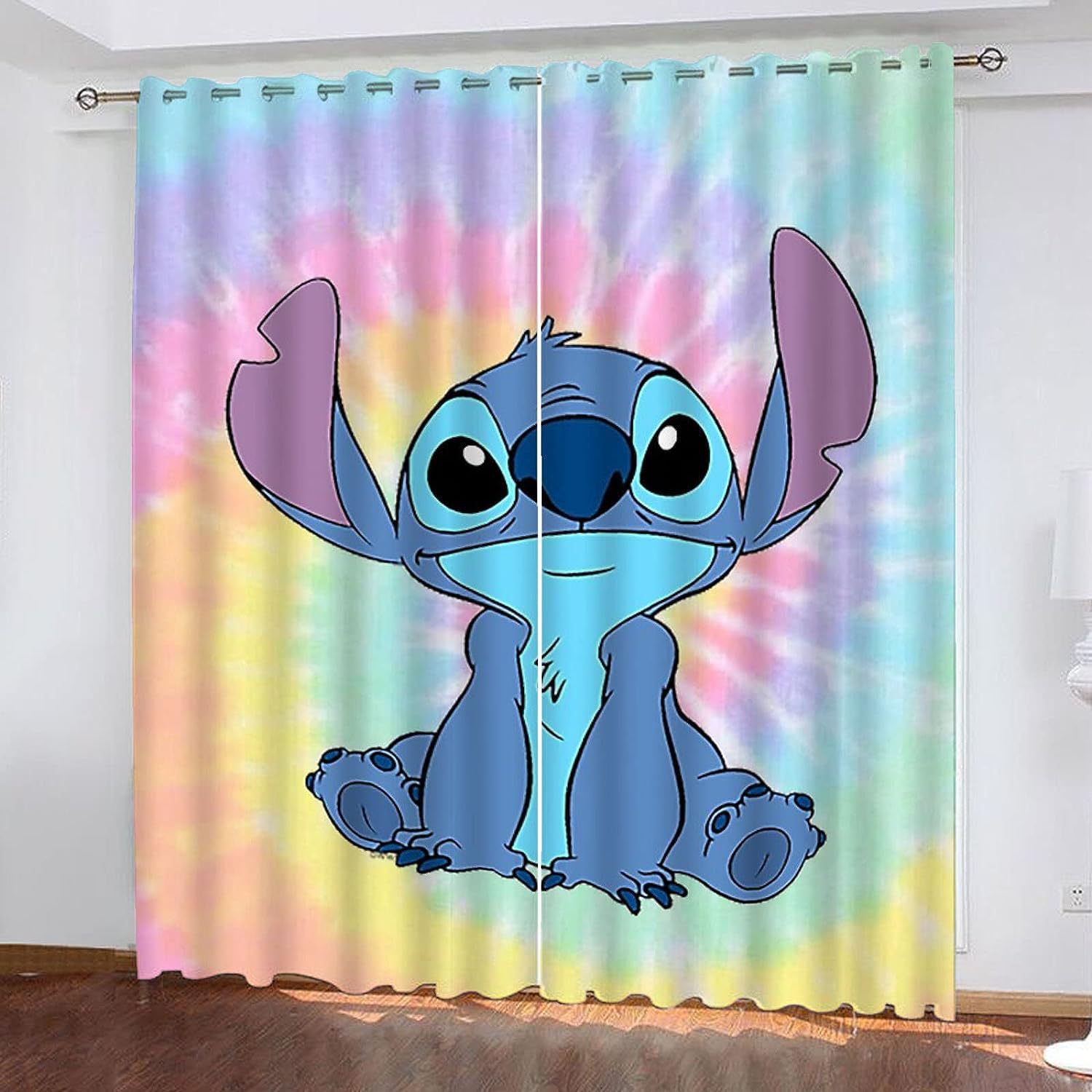 3D Digital Printed Stitch Cartoon Blackout Curtains, Polyester Fabric, No-Drill Partition for Children's Room