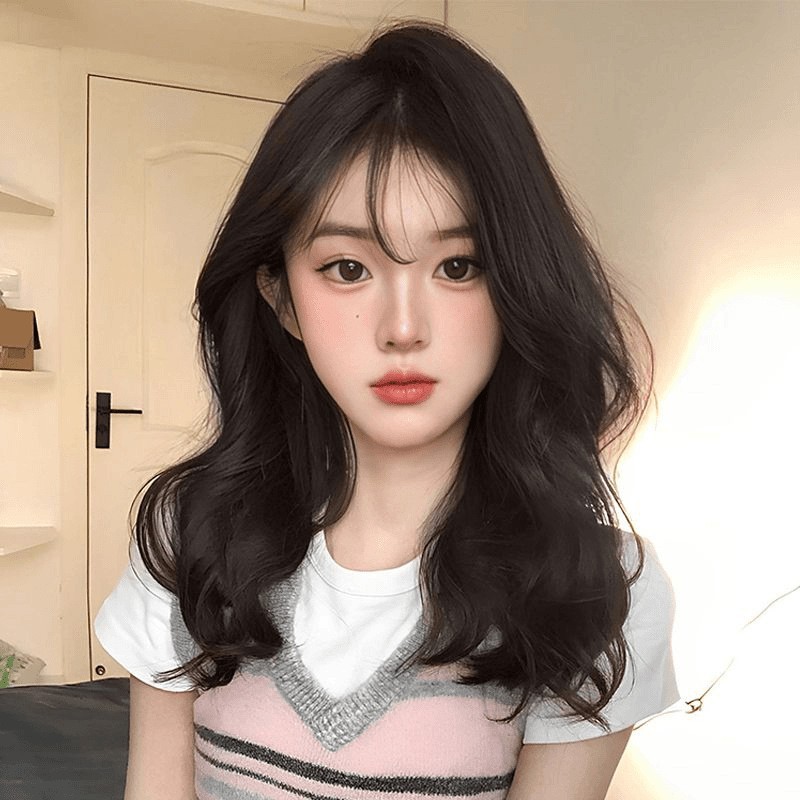 [brown and black] medium-length curly hair with bangs