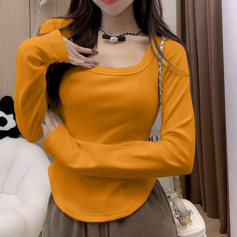Women's U-Neck Long-Sleeve Base Shirt with Straight Shoulders, New Spring and Autumn Style, Curved Hem, Slim Fit, Stylish Low-Neck Inner T-Shirt