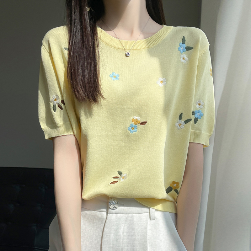 春夏新款甜美减龄刺绣女圆领冰丝针织短袖T恤半袖上衣打底衫|undefined