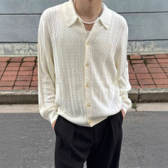 白色老钱风开衫毛衣男款秋季美式纽花条纹针织衫cleanfit衬衫外套