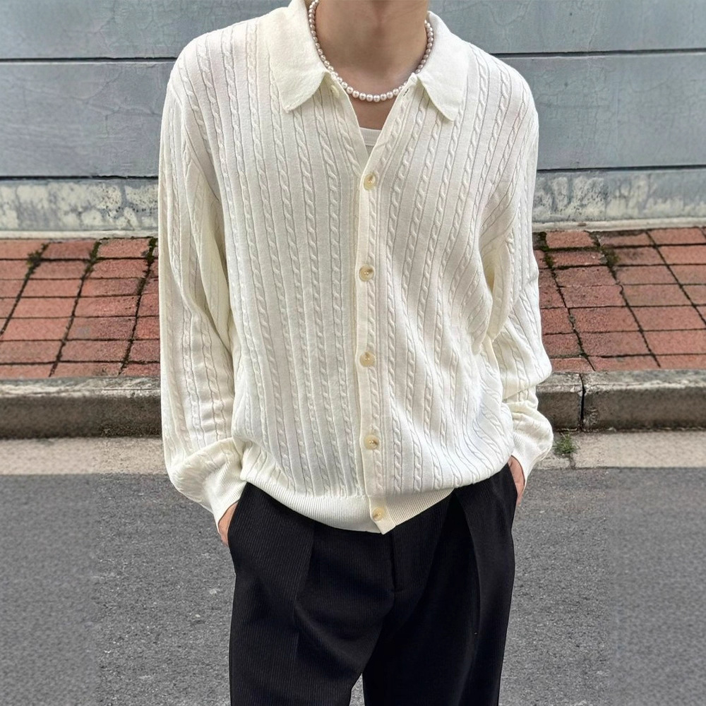 White Old Money Style Cardigan Knitwear Men's Autum American Button-Down Stripesd Knitwear Cleanfit Shirt Jacket