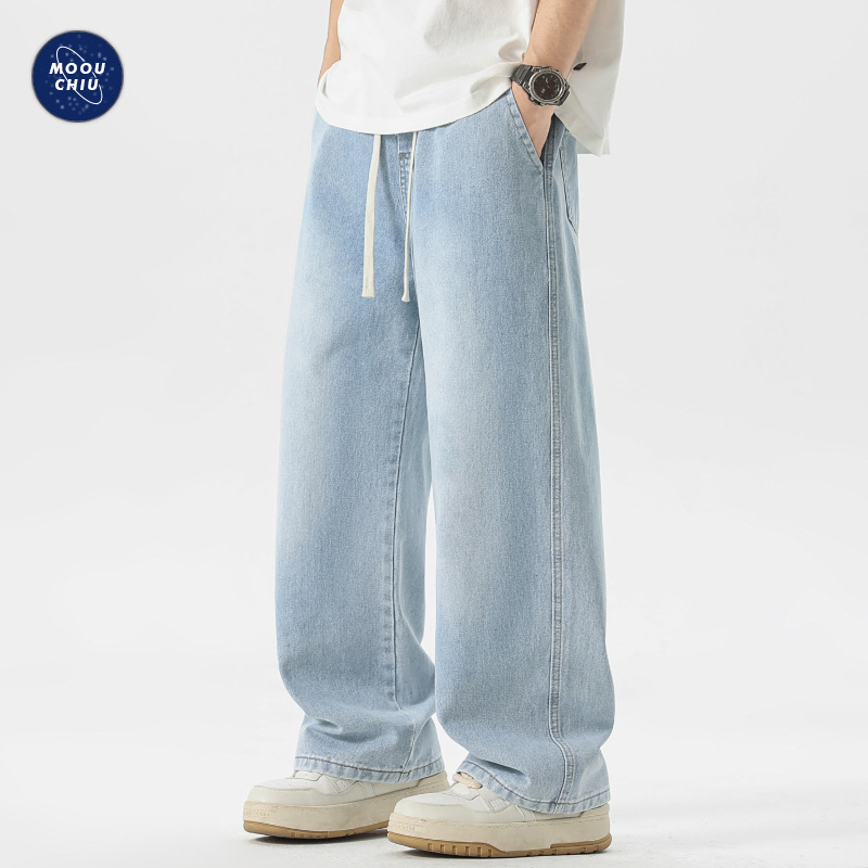Muqiu Men's Wear ∠ American-style High-street White Wide-leg Jeans Men's cleanfit Trendy Brand Loose Straight Long Pants