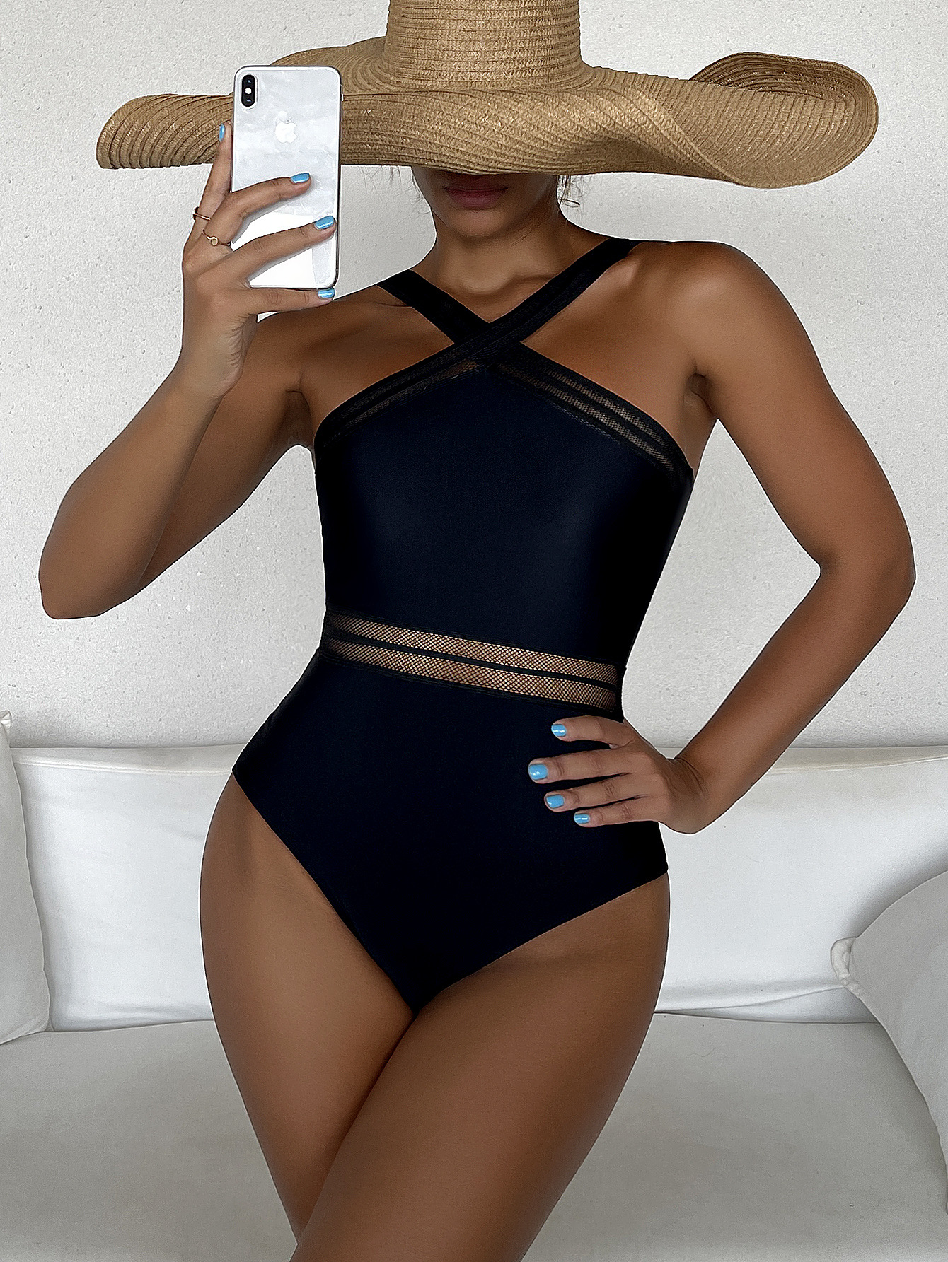 Solid Color Cross Mesh Webbing One-Piece Swimsuit NSFPP95019