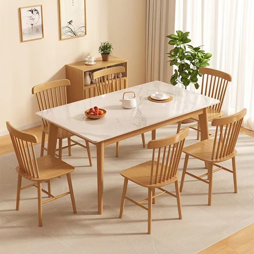 实木岩板餐桌家用小户型现代简约北欧奶油风长方形轻奢餐桌椅组合