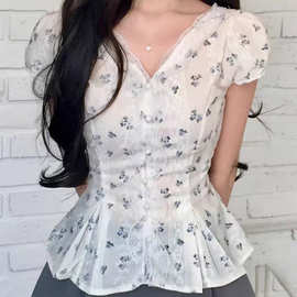 韩国东大门女装高货甜美花边V领碎花收腰短袖衬衫