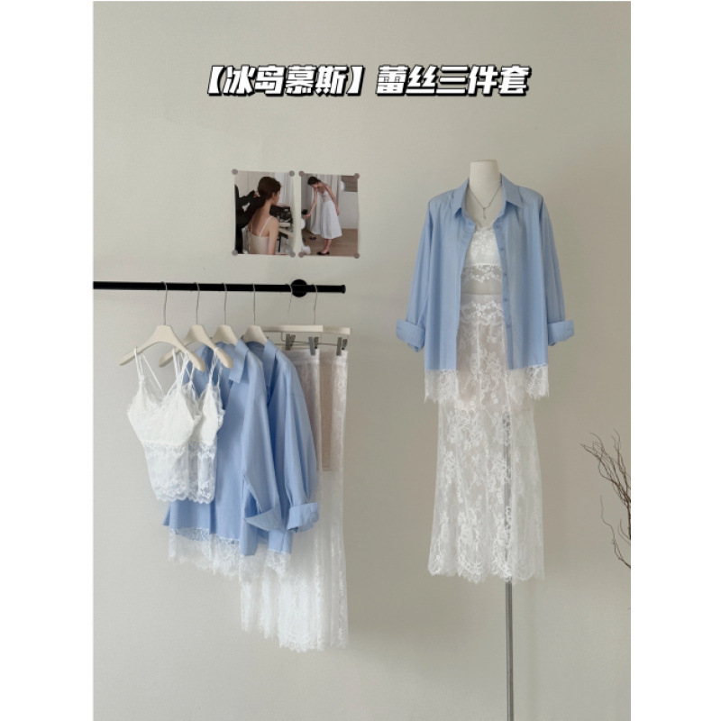 패셔너블한 여성복 세트 2026 봄 루즈핏 레이스 셔츠+홀터넥+롱 레이스 스커트 3종 세트