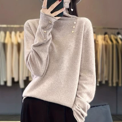 2025 Весна и осень Новая однотонная женская свободная трикотажная базовая рубашка в корейском стиле Ленивый стиль Универсальный стильный свитер на пуговицах с высоким воротником.