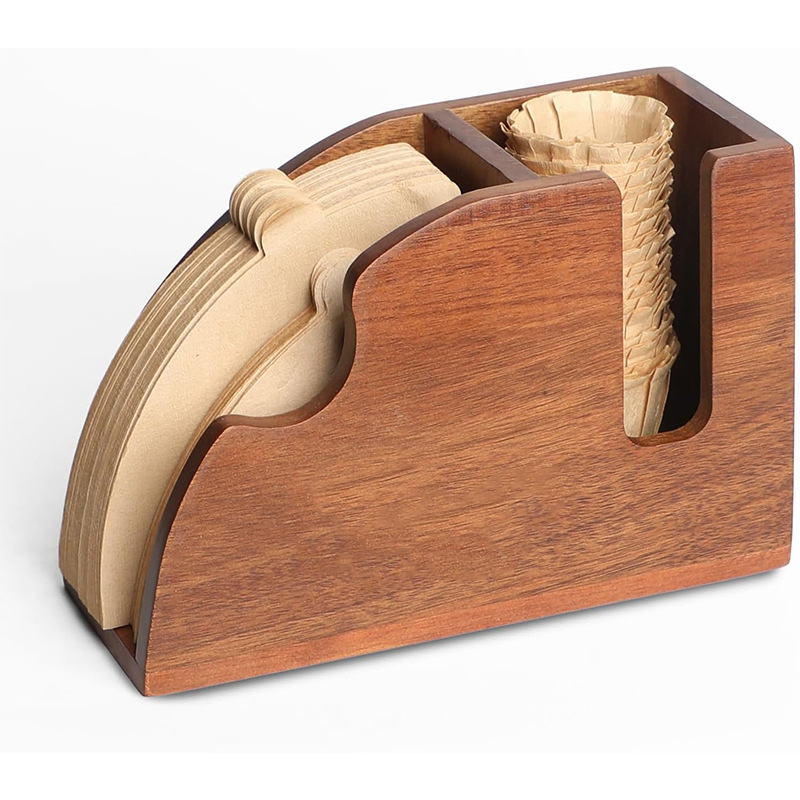 Polvo estante de papel de filtro de café estante de mano caja de papel de filtro de madera estante de papel de filtro de madera caja de almacenamiento en forma de ventilador caja de madera al por mayor