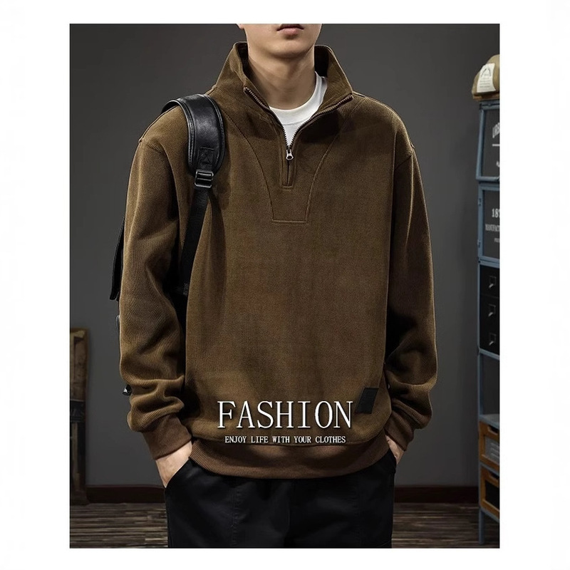 Autumn and Winter Heavy Sweater Men's American Style Retro Long Sleeve Polo Shirt Loose Half Zipper Vertical Collar Top Trendy Brand