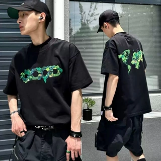 新款立体绿植重工刺绣世界地图宽松短袖T恤男女情侣同款