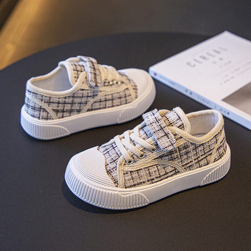 Plaid children's canvas shoes 2024 spring and autumn new style lightweight flat sneakers for boys and girls, middle and older children's student sports shoes