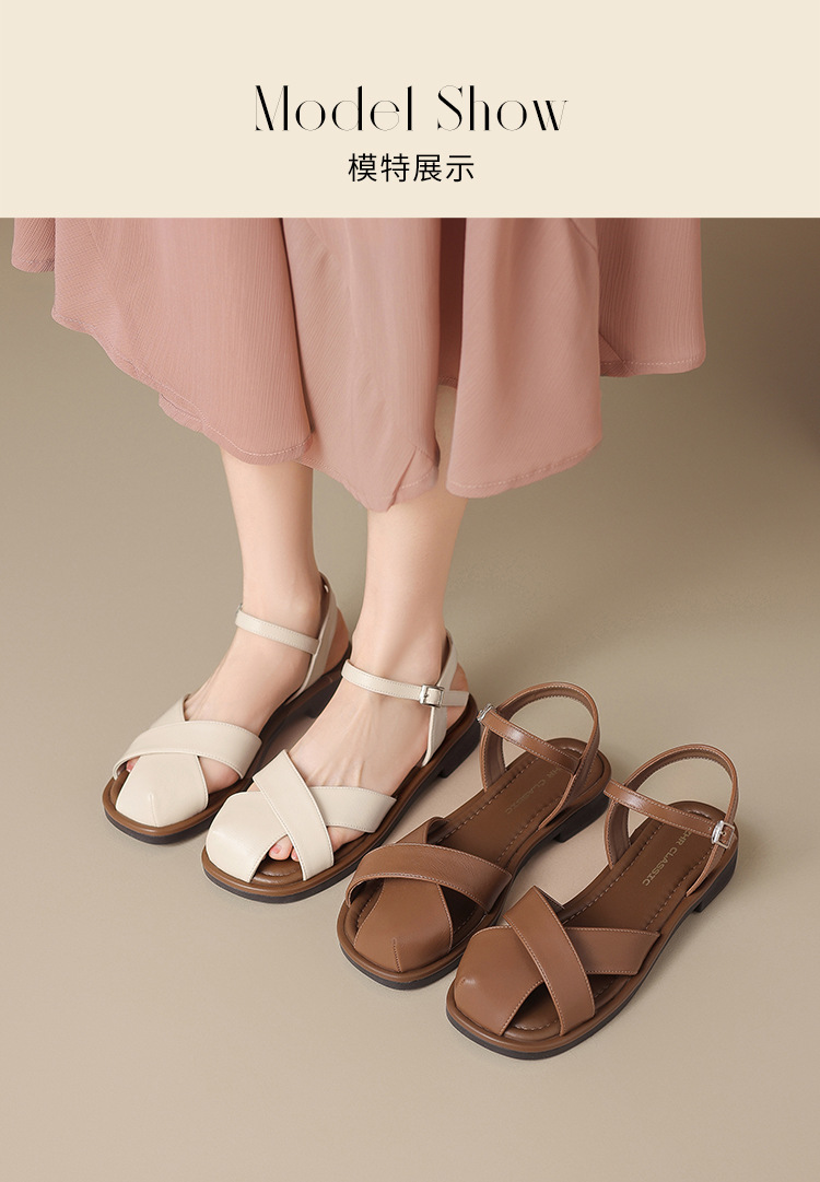 Sandal nữ quai ngang kiểu La Mã phong cách Pháp, mũi hở bán bít, đế bằng thoáng khí — KN38 màu be chi tiết 13