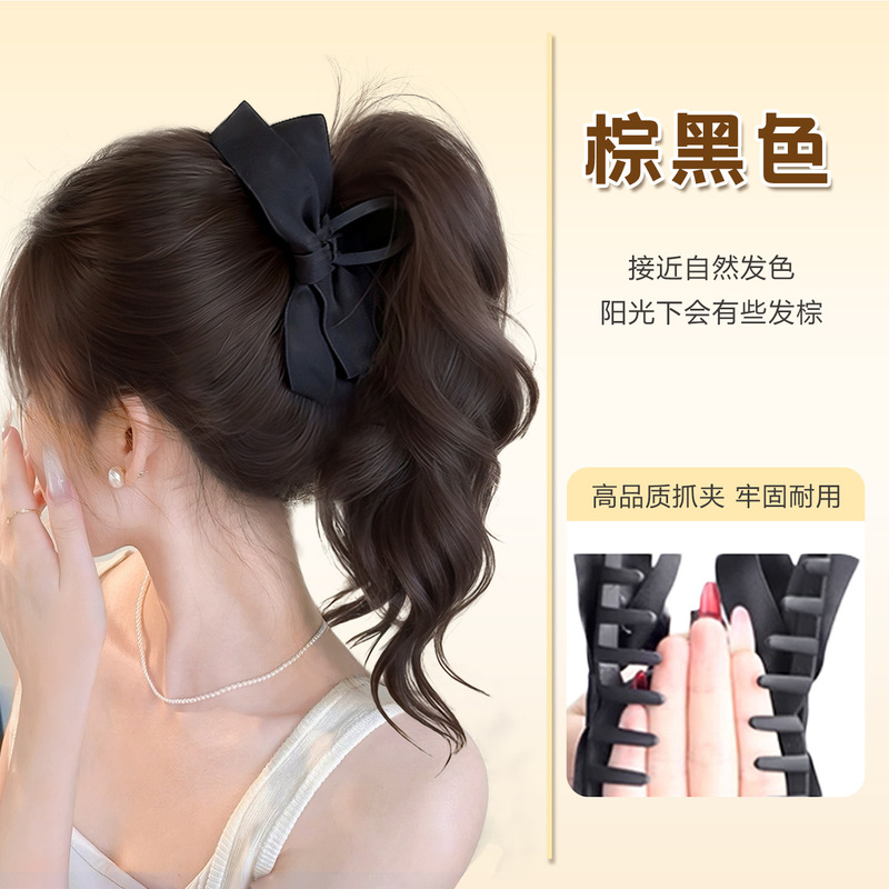 女性用韓国リボンウィッグ、人工毛、ふわふわ、高頭頂部、ロング巻き毛、ハイポニーテール|undefined
