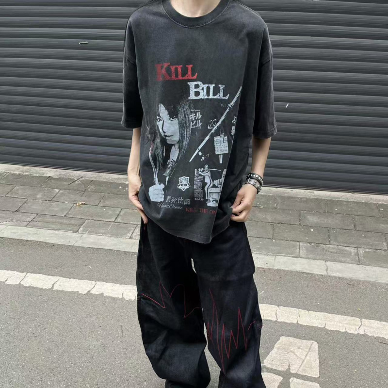 High-Quality Washed-Out Series Kill Bill Movie Vintage Street Style Small Neckline Boxy Distressed Design High-Quality Washed-Out Series Kill Bill Movie Vintage Street Style Small Neckline Boxy Distressed Design