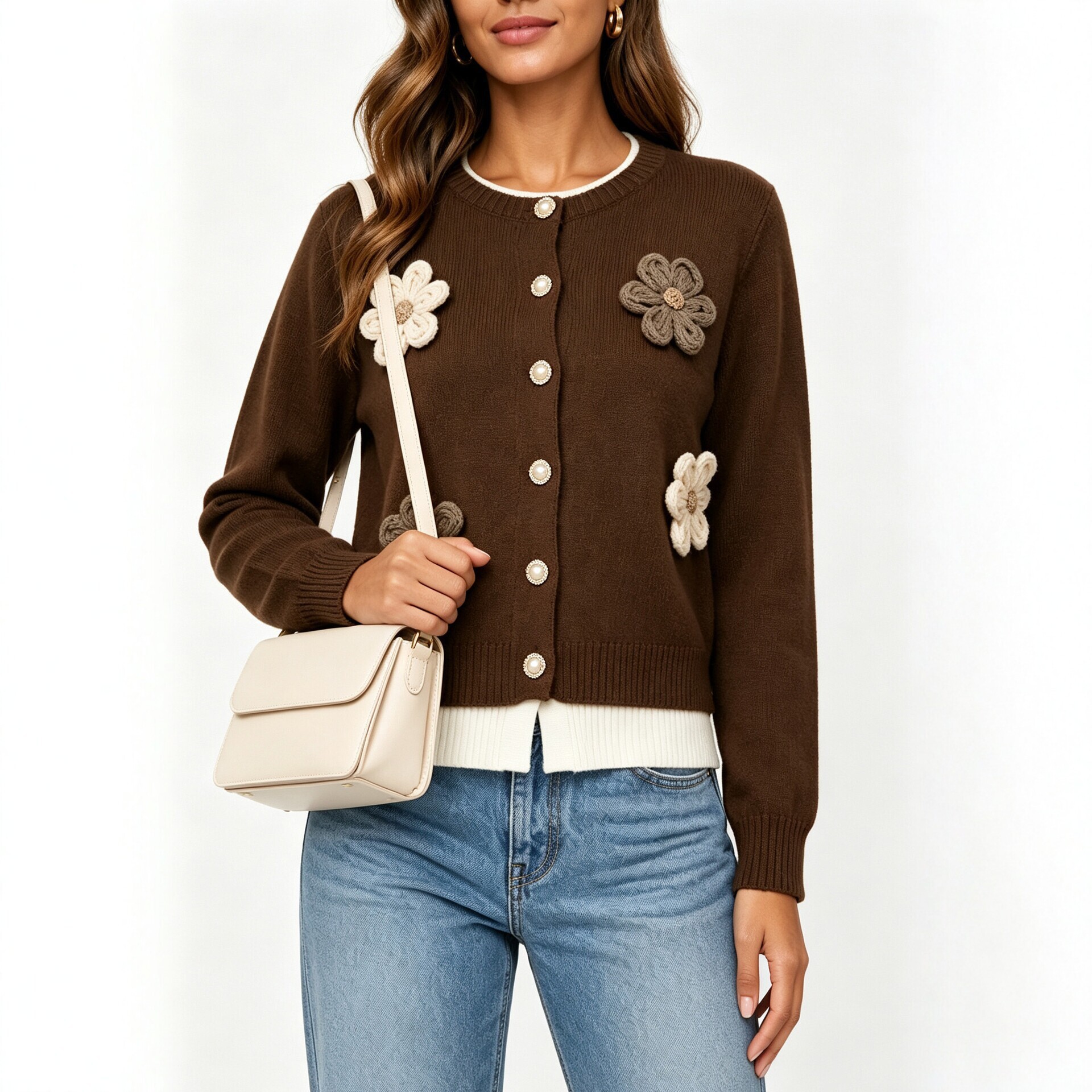 Autumn and winter heavy industry three-dimensional flower knitted cardigan women's fake two-piece spliced ​​pearl button round neck sweater jacket