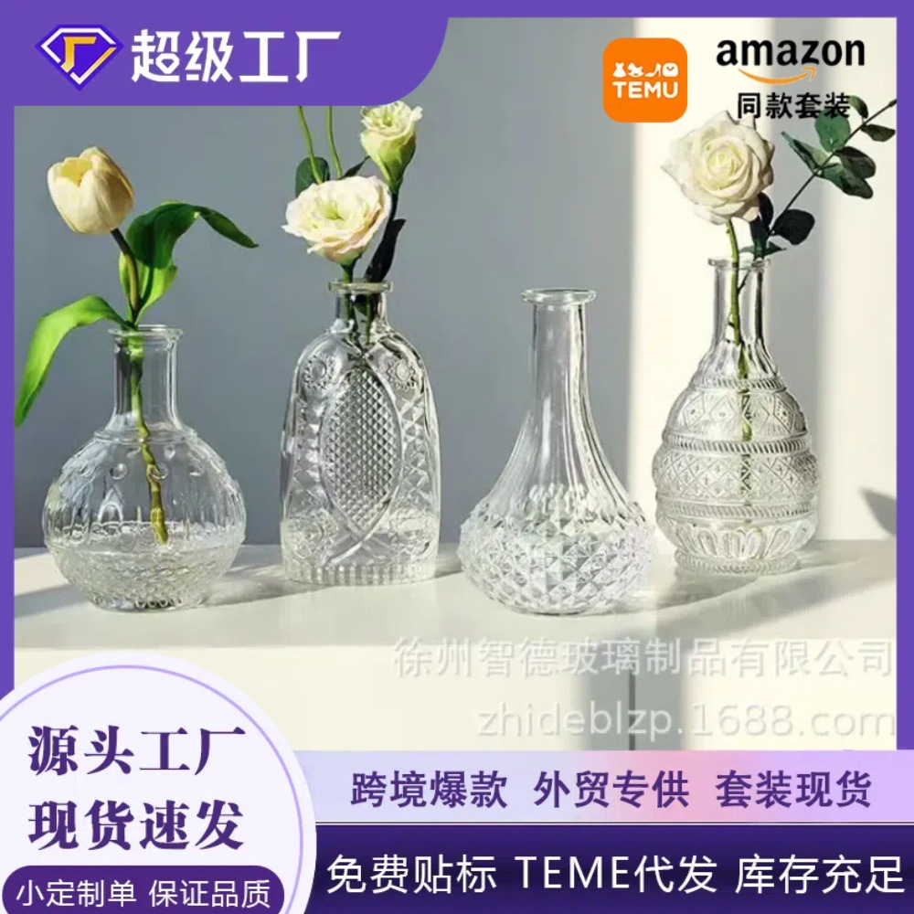 Fresco simple boca pequeña florero de vidrio flores secas florero de agua sala de estar hogar florero de vidrio transparente al por mayor