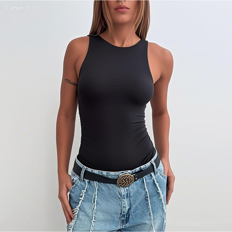 2025 europeo y americano transfronterizo simple calle chica caliente color sólido sexy todo fósforo chaleco delgado sin espalda mono mujer al por mayor