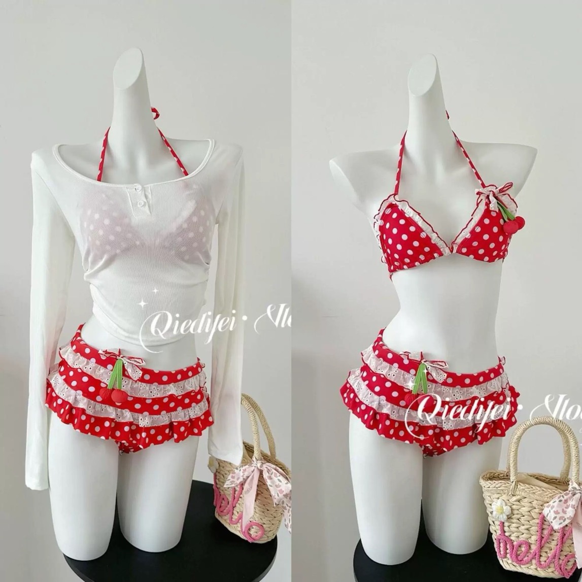 Swimsuit for Women, High-End 2025 New Style, Contrasting Red Polka Dot Split Bikini, Perfect for Hot Spring Vacation Photos