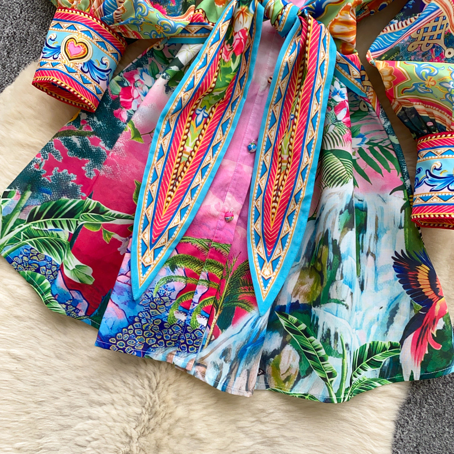 Women's Bohemian Print Dress Korean Style Long Sleeve Shirt Collar Tie Waist Cinching a Line Skirt for Vacation Summer_ecoleips.com