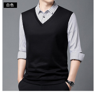Fall/Winter 2022 New Men's Long Sleeve Fleece-lined Fake Two-piece T-shirt Striped Top Middle-aged Men's Top for Hair