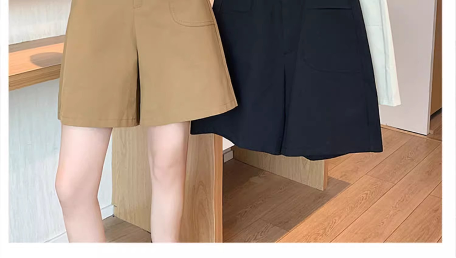 Quần short nữ cạp cao ống rộng dáng suông dài ngang đùi kiểu Hồng Kông — Màu đen chi tiết 17