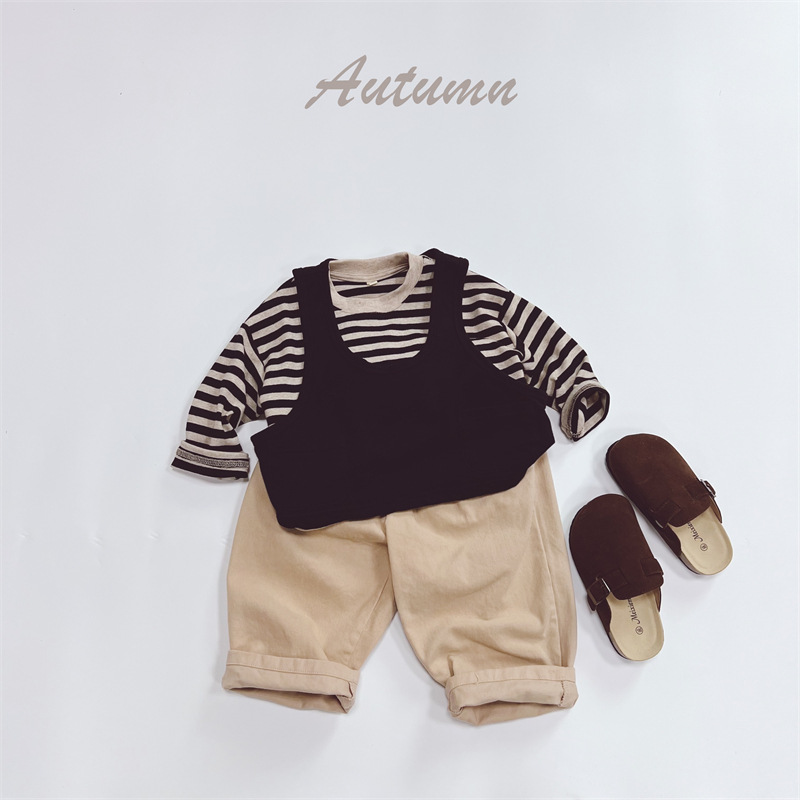 Otoño 2024 Camiseta de manga larga para niños Corea del Sur niños rayas retro cuello redondo suelta niños y niñas top