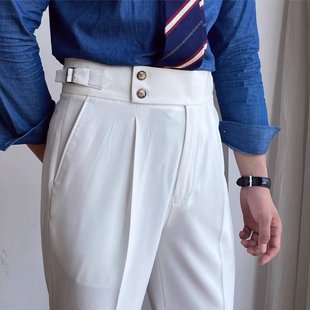 2025 New White High-Waisted Straight-Leg Naples Casual Wrinkle-Free Business Italian Paris Button Long Dress Pants for Men