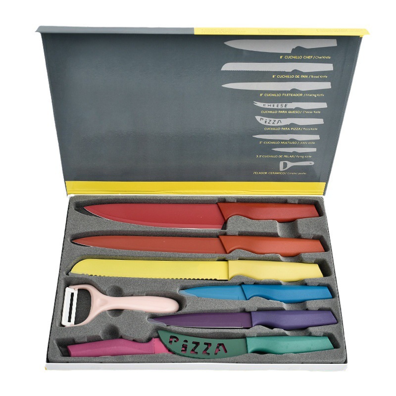 Venta al por mayor de color rombo mango de ocho piezas cuchillo de cocina cuchillo de pintura de acero inoxidable traje de color en caja cuchillo de regalo