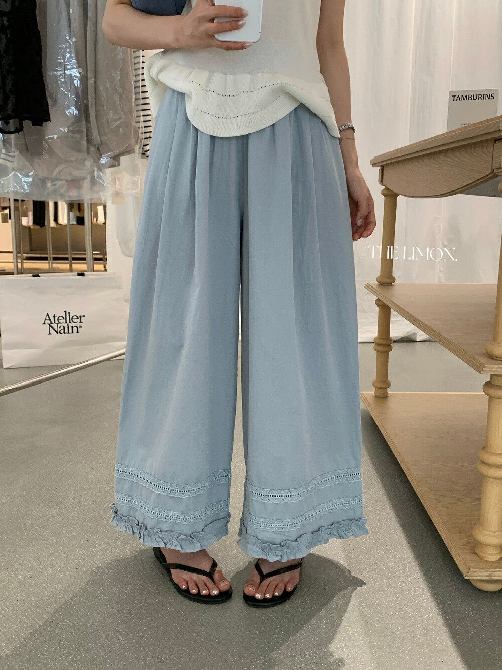Quần culottes nữ ống rộng cạp cao chun, thiết kế viền ren bèo nhún, dáng suông 9 phân, phù hợp mùa xuân hè — màu đen, Xanh đen, Xanh da trờicolor, màu trắng chi tiết 18