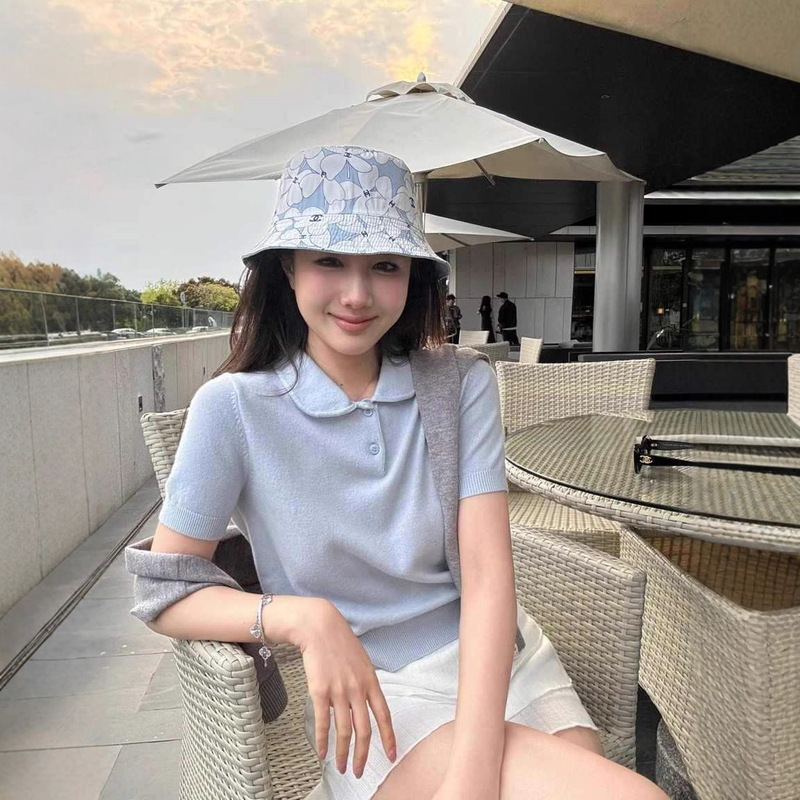 Basic Gray Knitted Short-Sleeved Polo Collar Blue T-Shirt Women's Summer Slimming Look Versatile Casual Top