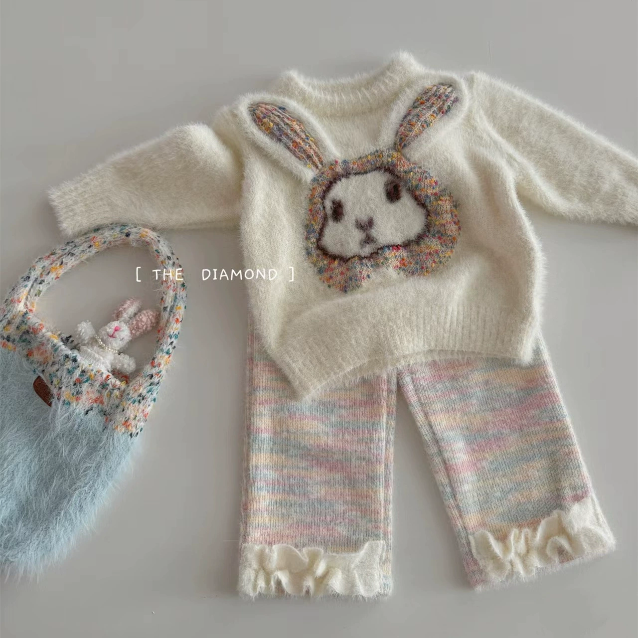 Autumn children's cartoon knitted rabbit, sweater, trousers, set, Korean style, children's clothing, western style