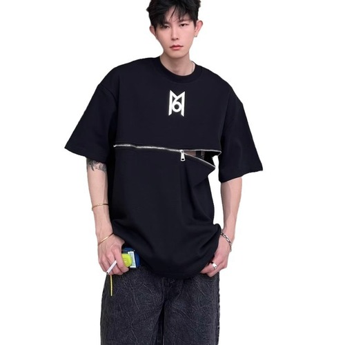 Trendy Short-Sleeve Men's Metal Shoulder Pad T-Shirt with Zipper Design, Advanced Sense of Style, Loose Five-Sleeve Top