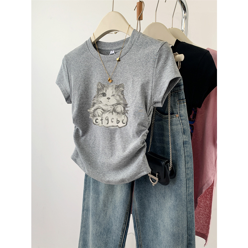 chubby girl plus size Women's Summer Fashionable Western Style High-end Design Belly Covering Waist Slimming Short-sleeved T-shirt Top